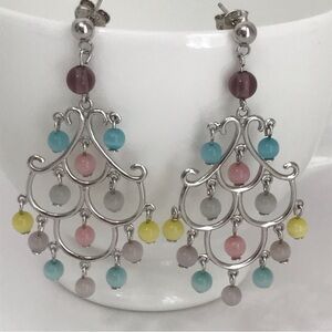 Vintage 925 Sterling Pastel Beaded Chandelier Earrings 3” Drop